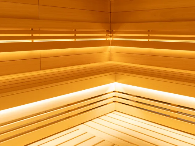 A bench inside a sauna.
